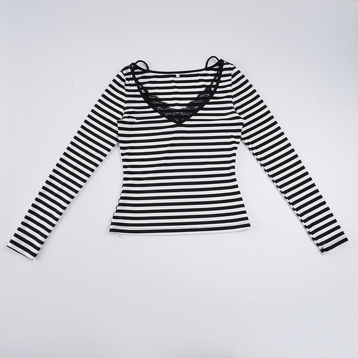 Damen nan gestreiftes Langarmshirt mit Spitzen‑V-Ausschnitt und Doppelspaghettiträger Drune
