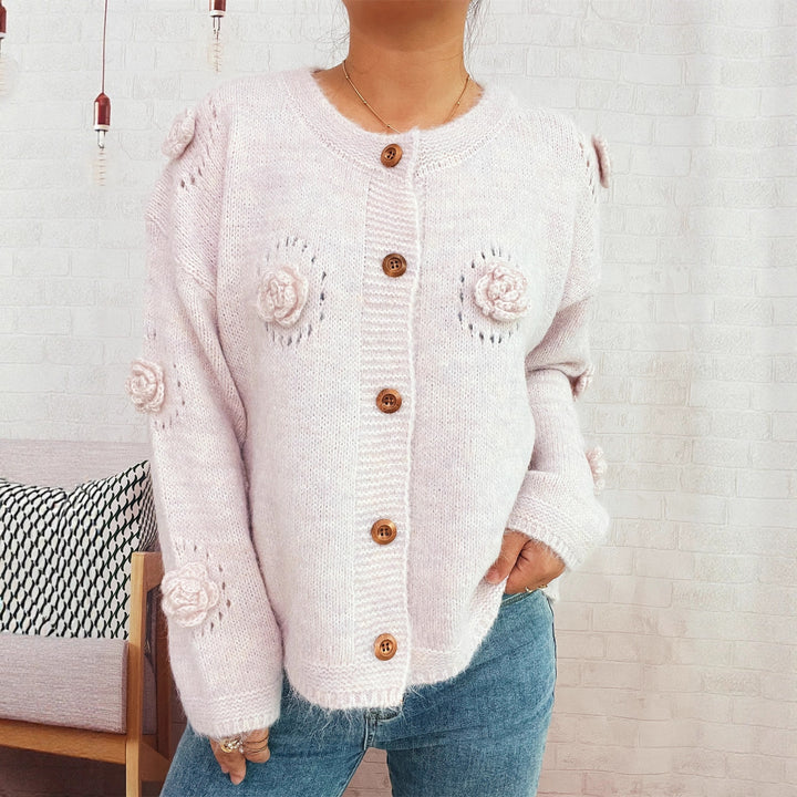 Damen kuschelige Strickjacke mit floralen Applikationen und Knopfverschluss Drune