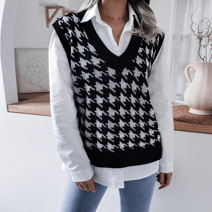 Damen Rippstrick-Weste mit V-Ausschnitt und Hahnentritt-Design Drune