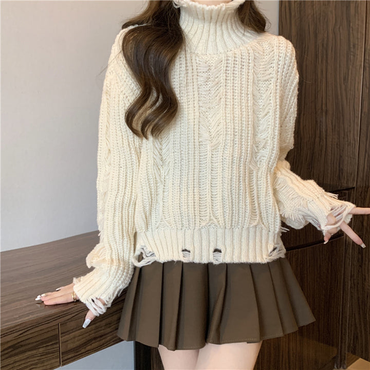 Damen Grobstrickpullover mit hohem Kragen und modernen Fransen Drune
