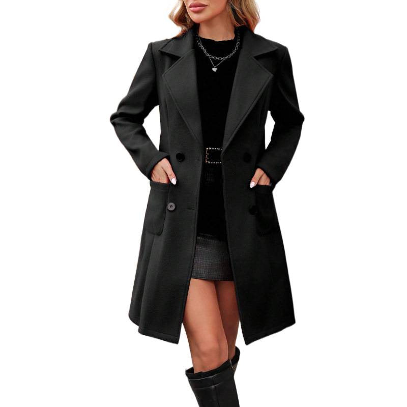 Damen Doppelreihiger Wollmix-Mantel mit Reverskragen und aufgesetzten Taschen Drune