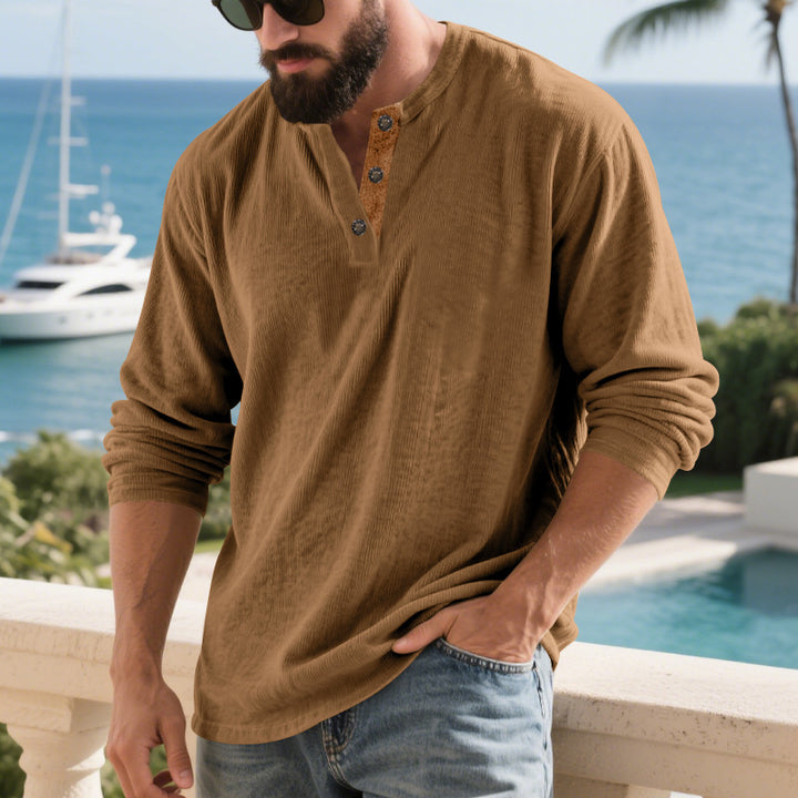 Herren nan langärmeliges Henleyshirt aus strukturierter Baumwollmischung mit Zierknopfleiste Drune