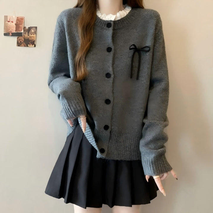 Damen bequeme Strickjacke mit dekorativen Knöpfen und Schleifenakzenten Drune