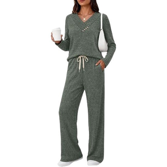 Damen Weiches Rippstrick-Lounge-Set mit V-Ausschnitt und Kordelbund Drune