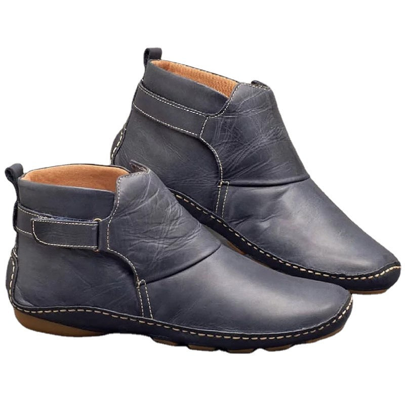 Damen nan knöchelhohe Soft-Lederimitat-Stiefelette mit verstellbarem Klettriemen, gepolstertem Schaft und flexibler Profilsohle Drune