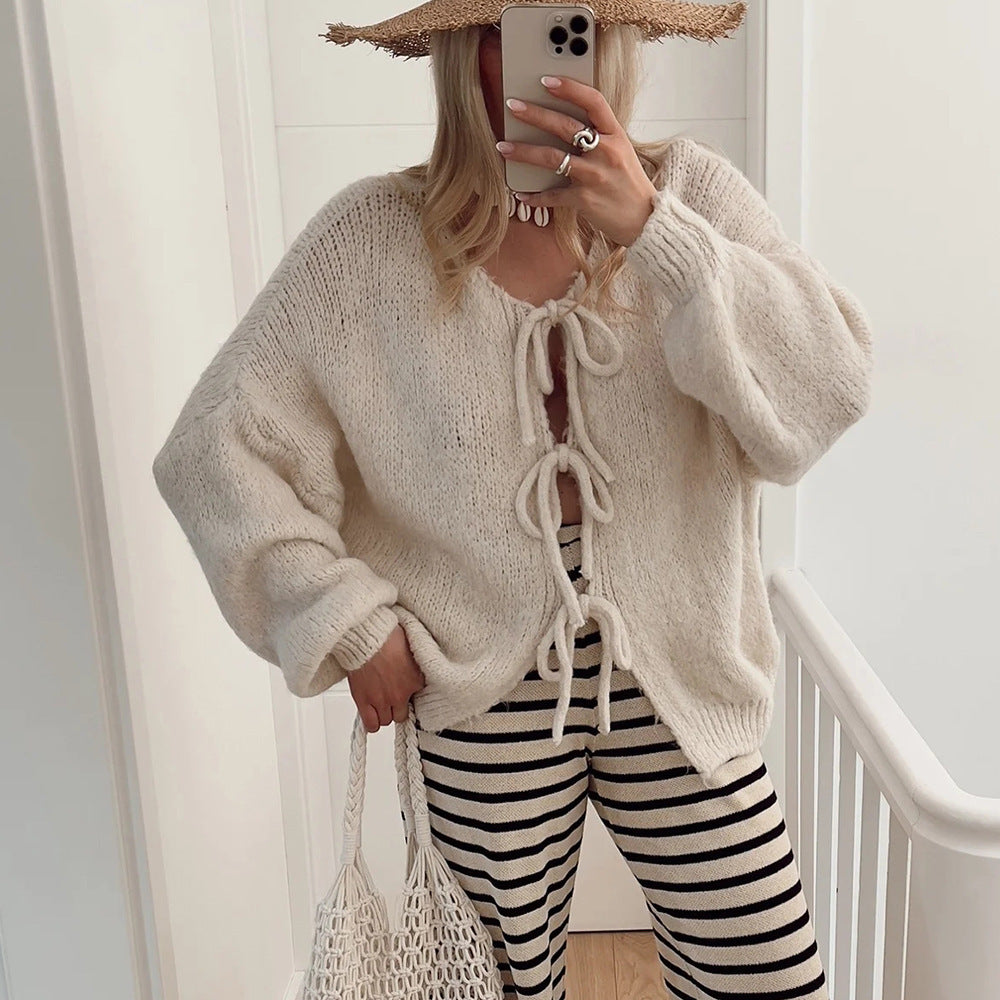 Damen Grobgestrickter Offener Cardigan mit Bindebändern, Oversize‑Silhouette und Raglanärmeln Drune