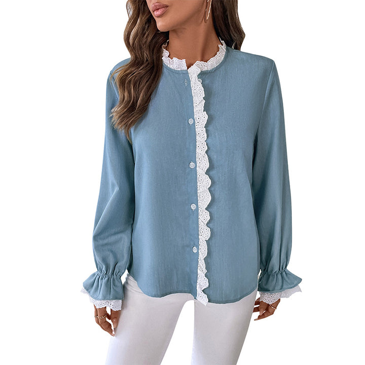 Damen Elegante Bluse mit Spitzenkragen und Rüschendetails Drune