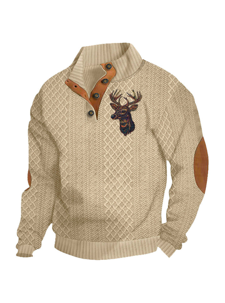 Herren nan Heritage-Strukturpullover mit Stehkragen Lederimitat-Besatz Ellenbogen-Patches und Halbknopfleiste Drune