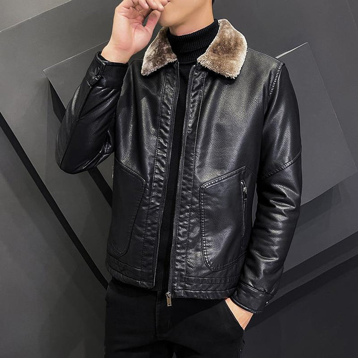 Herren Elegante Kunstleder‑Bomberjacke mit wärmendem Teddykragen & Zwei-Wege‑Reißverschluss Drune