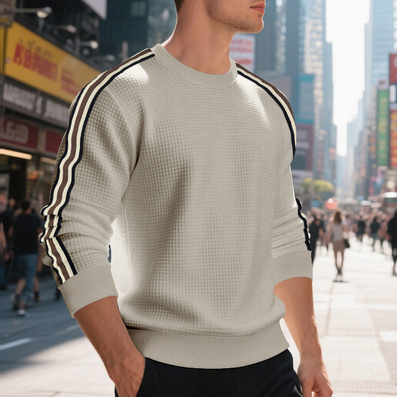 Herren Waffelstrick-Pullover mit kontrastierenden Ärmelstreifen und Rundhalsausschnitt Drune