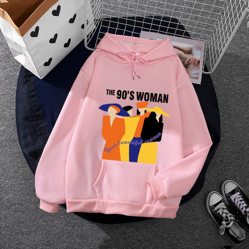 Damen nan weit geschnittener Kapuzenpullover mit Neunzigerjahre-Illustrationsprint, angerautem Fleece und Kängurutasche Drune