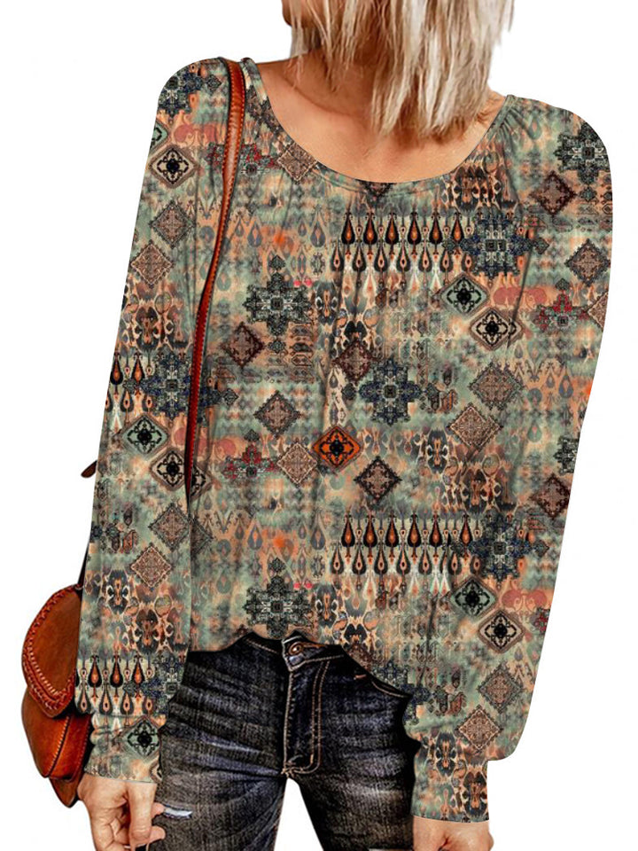 Damen Ethno-Print Oversize-Tunika mit Rundhalsausschnitt und langen Ballonärmeln Drune