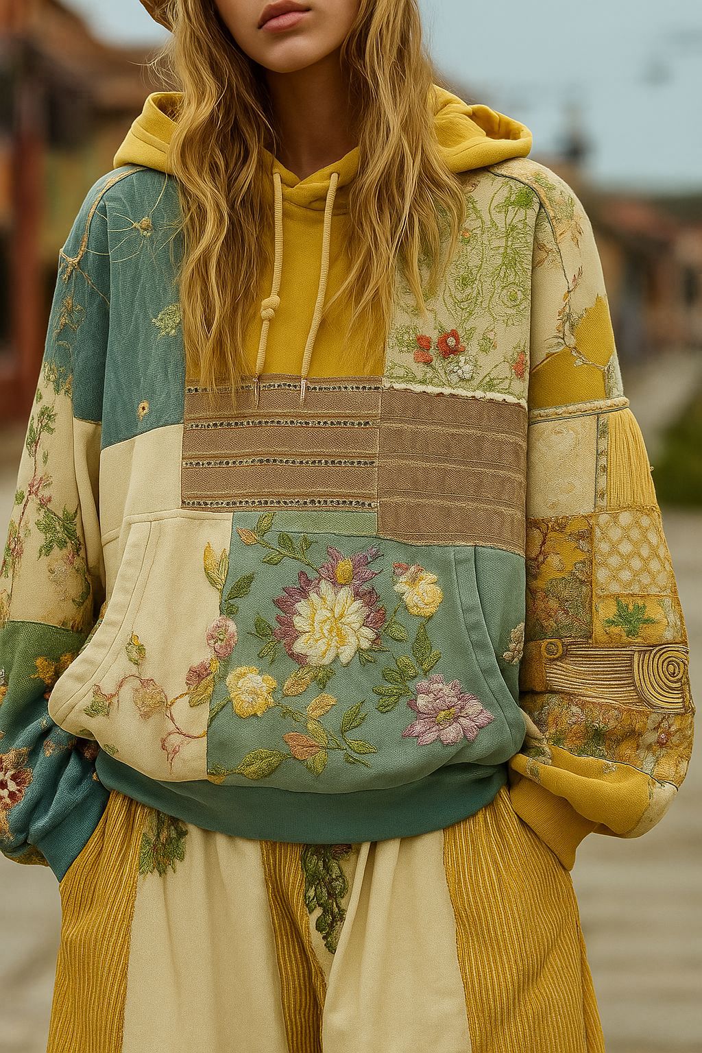 Damen Bestickter Patchwork-Kapuzenpullover mit Blumenapplikation und Kängurutasche Drune