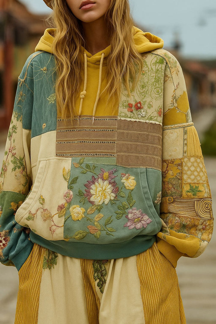 Damen Bestickter Patchwork-Kapuzenpullover mit Blumenapplikation und Kängurutasche Drune