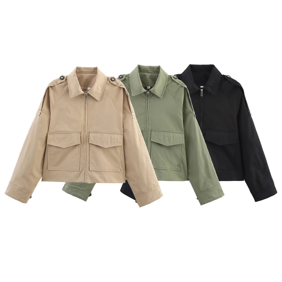 Damen nan kurze Utility-Blousonjacke mit aufgesetzten Klappentaschen und Epauletten Drune