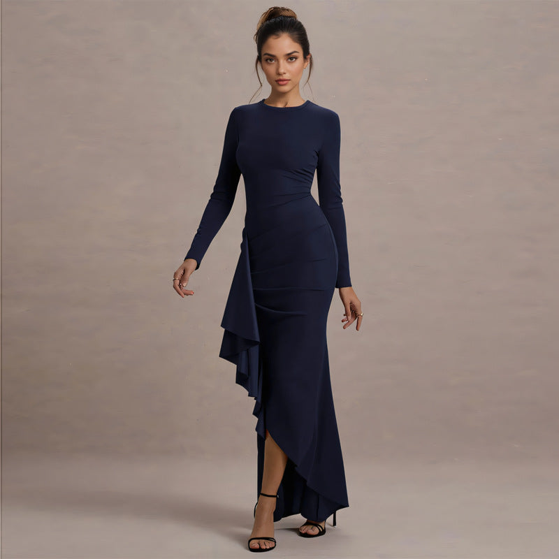 Damen Elegantes Abend-Maxikleid mit langen Ärmeln, figurbetonter Silhouette und seitlichem Volant Drune