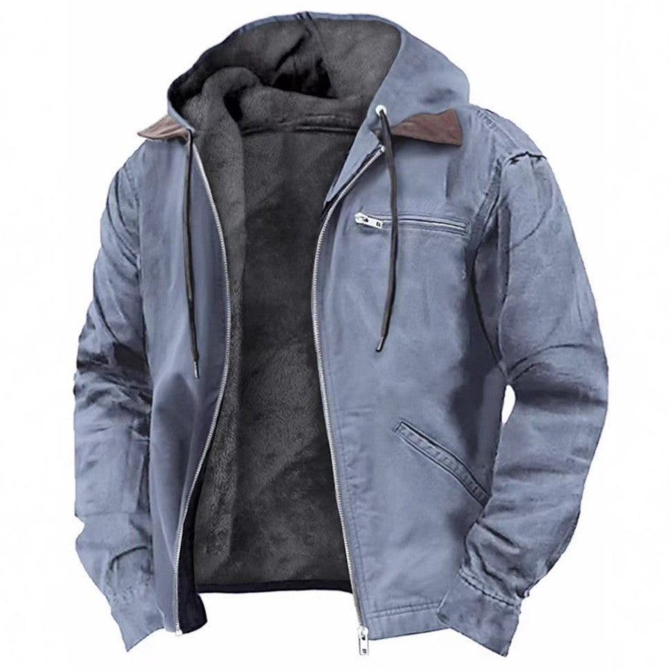 Herren Gefütterte Kapuzen-Lederjacke mit Teddyfutter und Brustreißverschlusstasche Drune