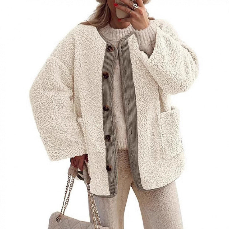 Damen Kuschelige Teddyjacke mit Knopfverschluss und aufgesetzten Taschen Drune