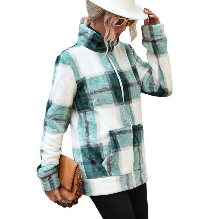 Damen Fleecejacke mit modernem Karomuster und hohen Kragen Drune