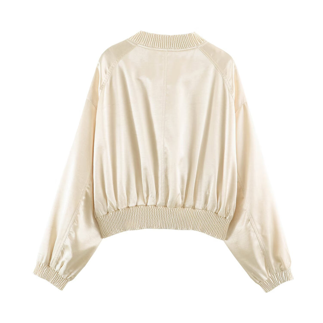 Damen Seidiger Cropped Bomber mit gerafftem Saum, Raglanärmeln und Eingrifftaschen Drune