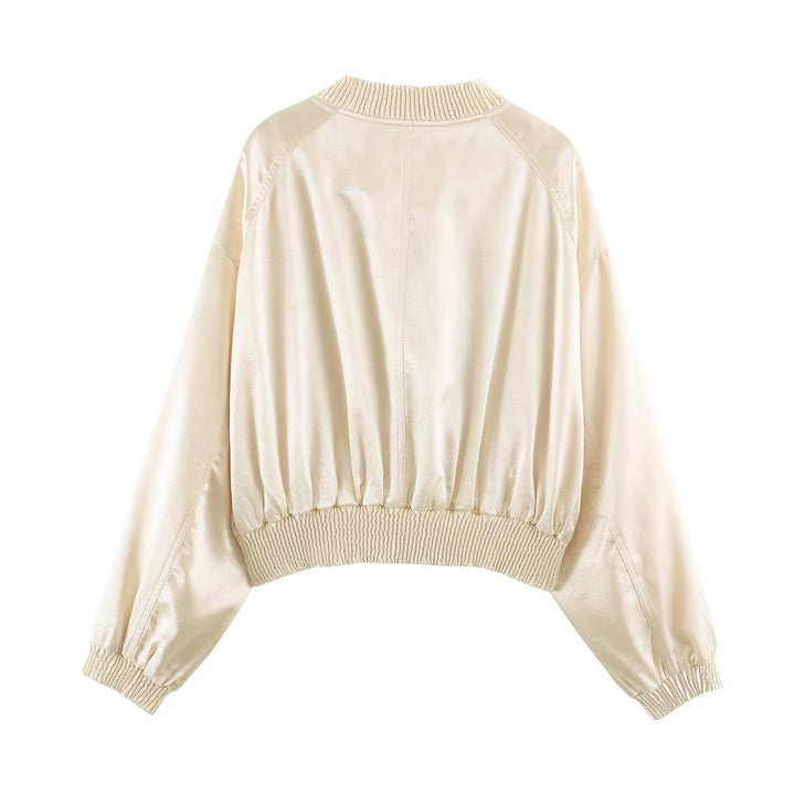 Damen Seidiger Cropped Bomber mit gerafftem Saum, Raglanärmeln und Eingrifftaschen Drune