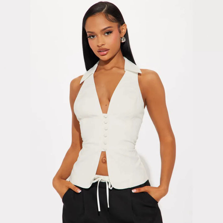 Damen elegantes ärmelloses Top mit figurbetontem Schnitt und stylischem Kragen Drune