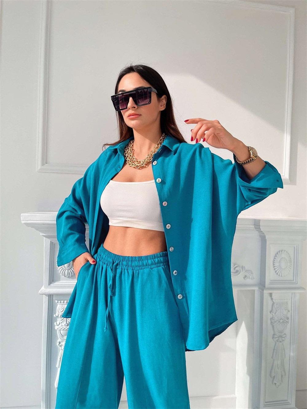 Damen lässiges Sommeroutfit mit übergroßer Bluse und weiten Hosen Drune