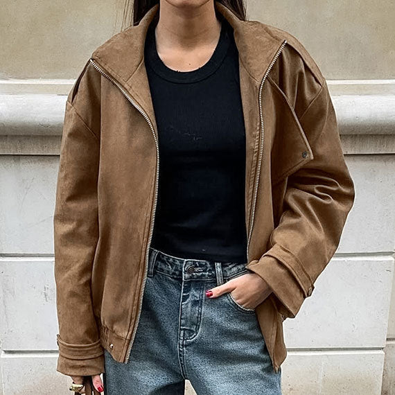 Damen Modische Suede-Bomberjacke mit praktischen Taschen und Reißverschluss Drune