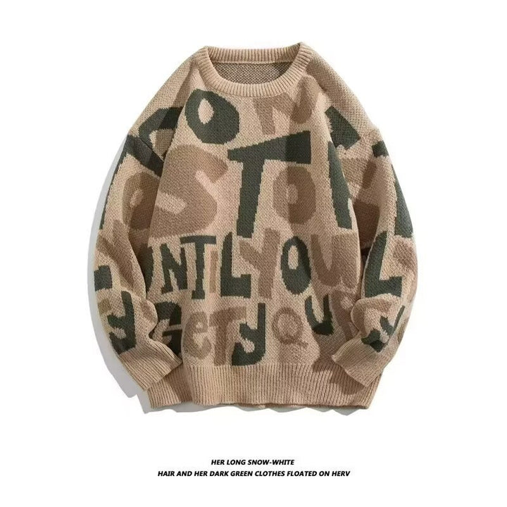 Damen Grobstrickpullover mit kreativen Schriftzügen Drune