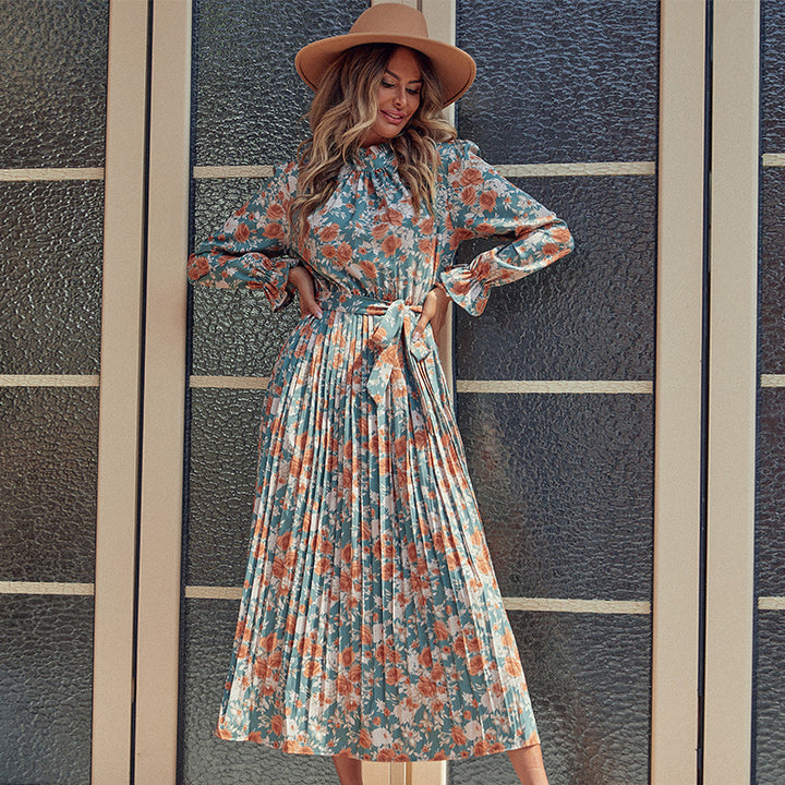 Damen Elegantes Plisseekleid mit Blumenprint, Raffung am Kragen und Bindegürtel Drune