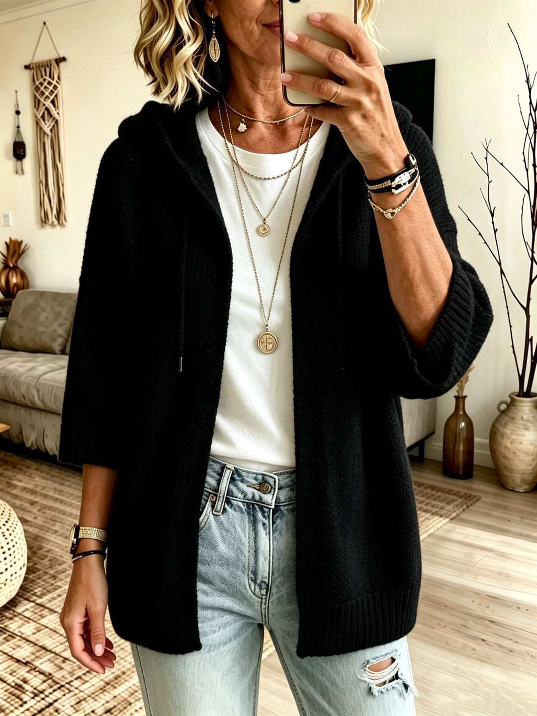 Damen Kapuzen-Longcardigan aus grobem Strick mit 3/4-Ärmeln und offener Front Drune