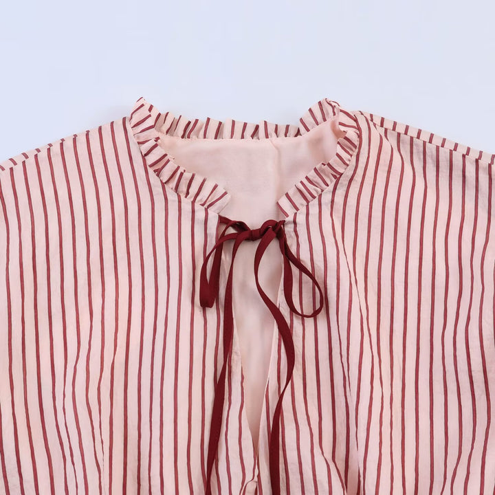 Damen Gestreifte Oversize-Bluse mit Quastenband und Volumenärmeln Drune