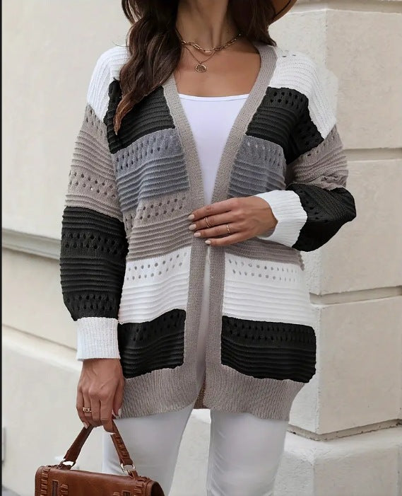 Damen Großer Strickcardigan mit einzigartigem Lochmuster und Farbblockdesign Drune