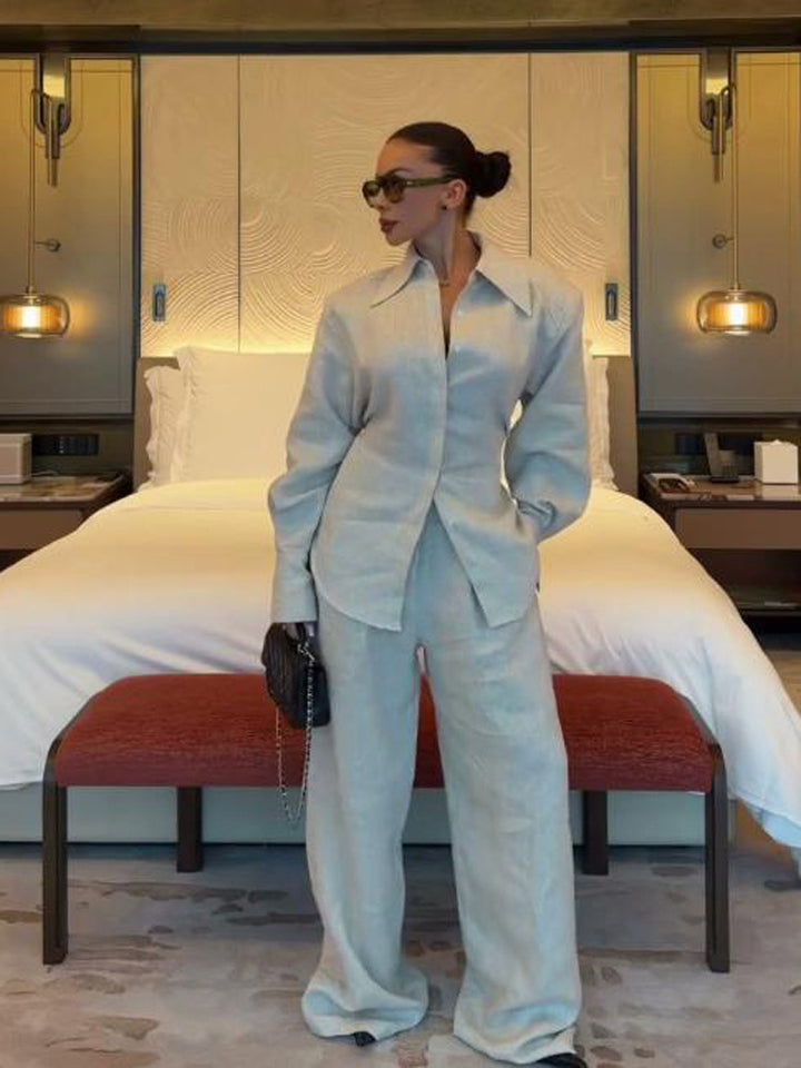 Damen Lockeres Leinen-Zweiteiler mit kastigem Hemdblazer und weiter Palazzo‑Hose Drune