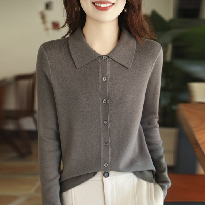 Damen Leichter Feinstrick-Cardigan mit Polokragen und durchgehender Knopfleiste Drune
