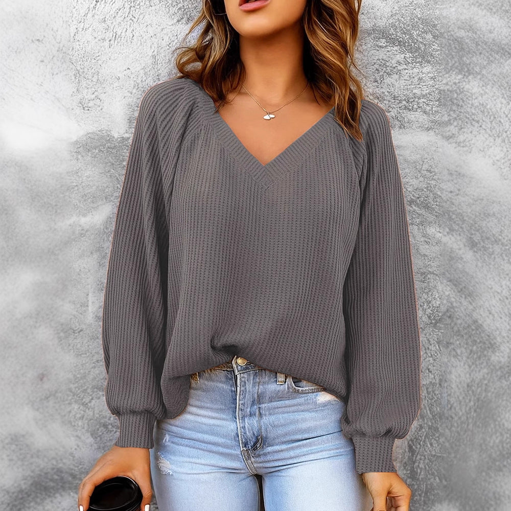 Damen Feinstruktur-Strickpullover mit V-Ausschnitt, Ballonärmeln und Rippbündchen Drune