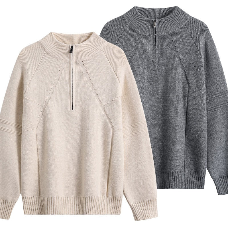 Unisex Oversize-Strickpullover mit Halbreißverschluss und geripptem Stehkragen Drune