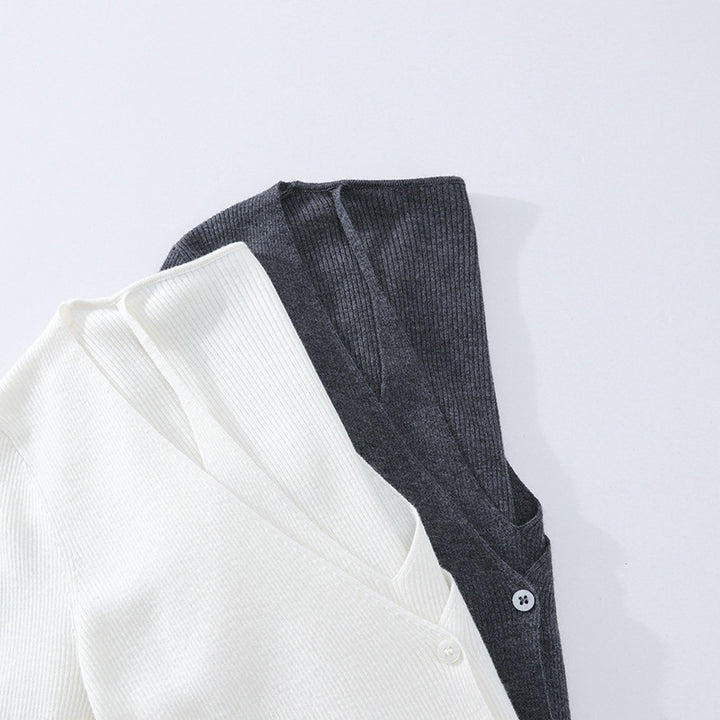 Damen feiner Rippstrick-Cardigan mit integriertem Spaghettitop und tiefem V-Ausschnitt Drune