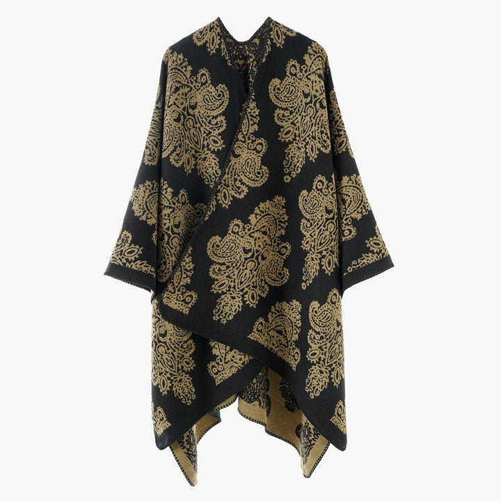 Damen Wollmix-Capeponcho mit beidseitigem Jacquard‑Paisley und kontrastierter Rollkante Drune