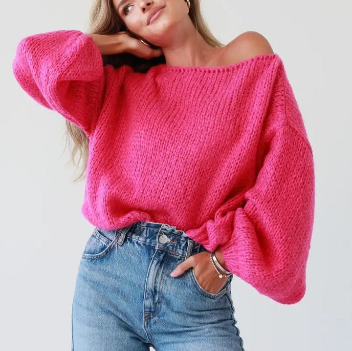 Damen lässiger Strickpullover mit voluminösen Ärmeln und offener Schulter Drune