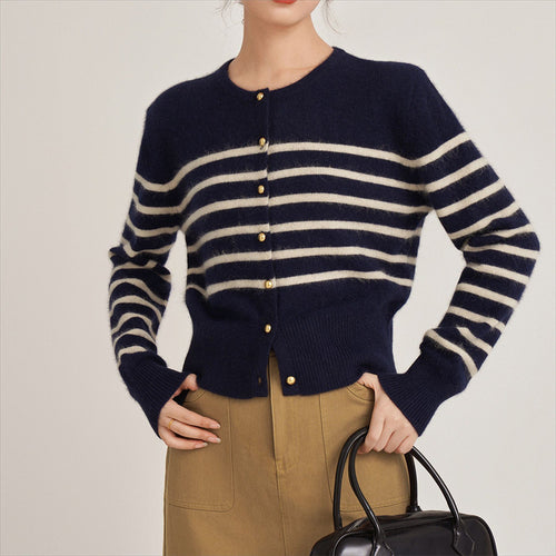 Damen modische Strickjacke mit Streifenmuster und dekorativen Knöpfen Drune