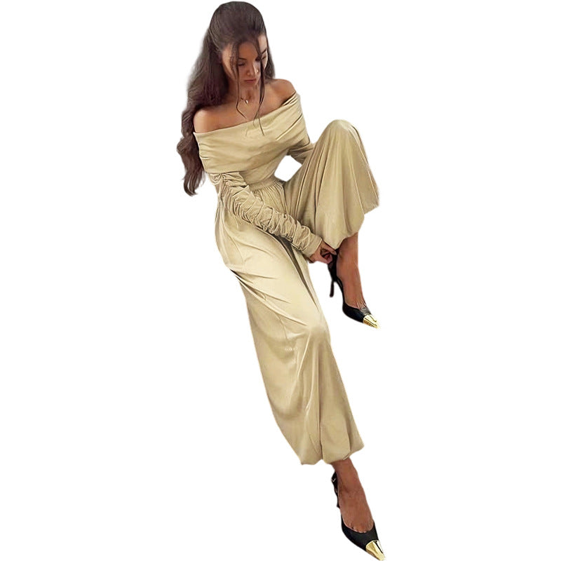 Damen Off-Shoulder Overall mit Raffungen und weitem Bein Drune