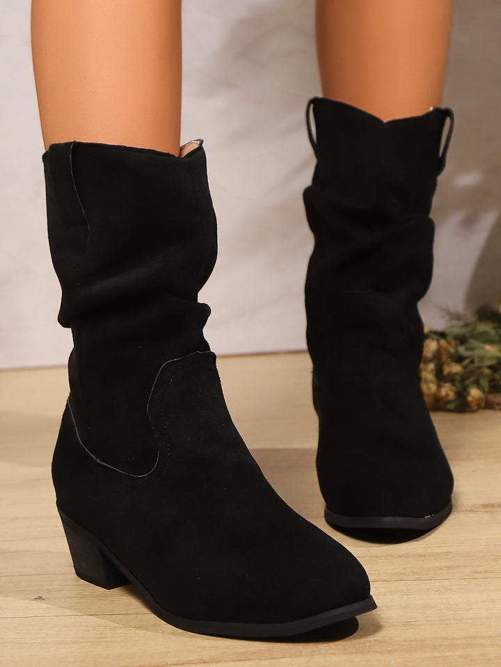 Damen Veloursleder Slouch-Cowboy-Stiefel mit niedrigem Blockabsatz Drune