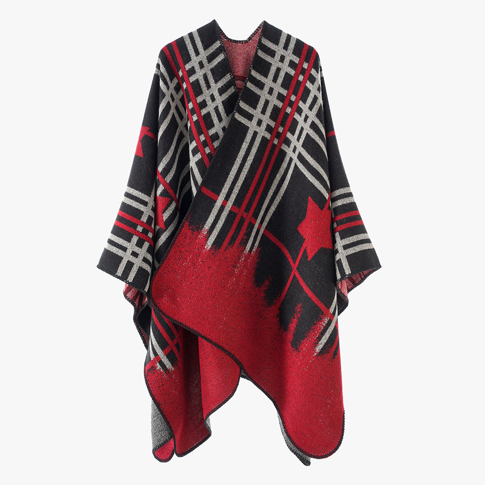 Damen Oversize-Capeponcho aus Wollmix mit Stern- und Karojacquard und weichfallendem Fall Drune