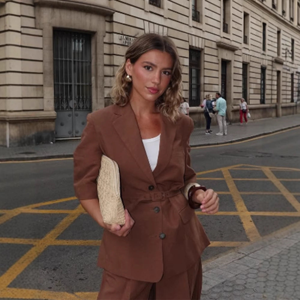 Damen Leinen-Mix taillierter Blazer mit Gürtel, 3/4-Ärmeln & Pattentaschen Drune