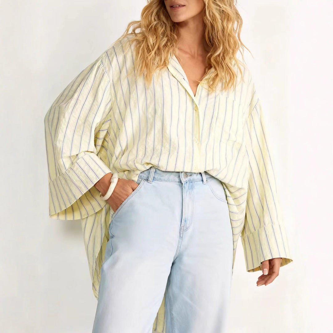 Damen Oversize-Hemdbluse mit weitem Glockenärmel und feinem Streifenmuster Drune