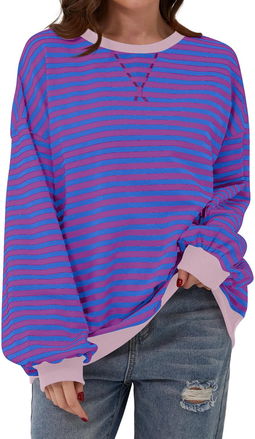 Damen Cozy Übergroßer Gestreifter Pullover Sweatshirt Drune