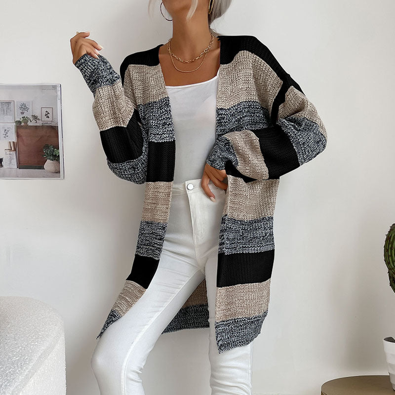 Damen Longline Strickcardigan mit breiten Blockstreifen, offener Front und überschnittener Schulter Drune