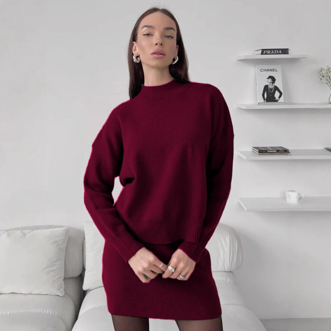 Damen kuscheliges Strickensemble mit hochgeschlossenem Design und ausgestelltem Rock Drune