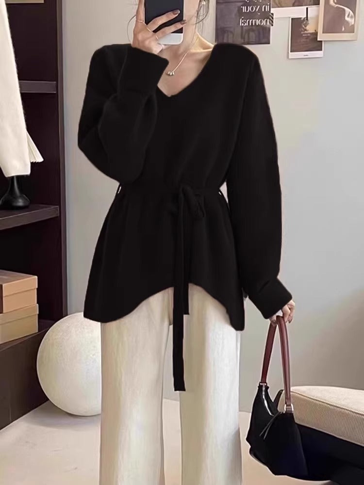 Damen Strickpullover mit V-Ausschnitt und Taillengürtel Drune